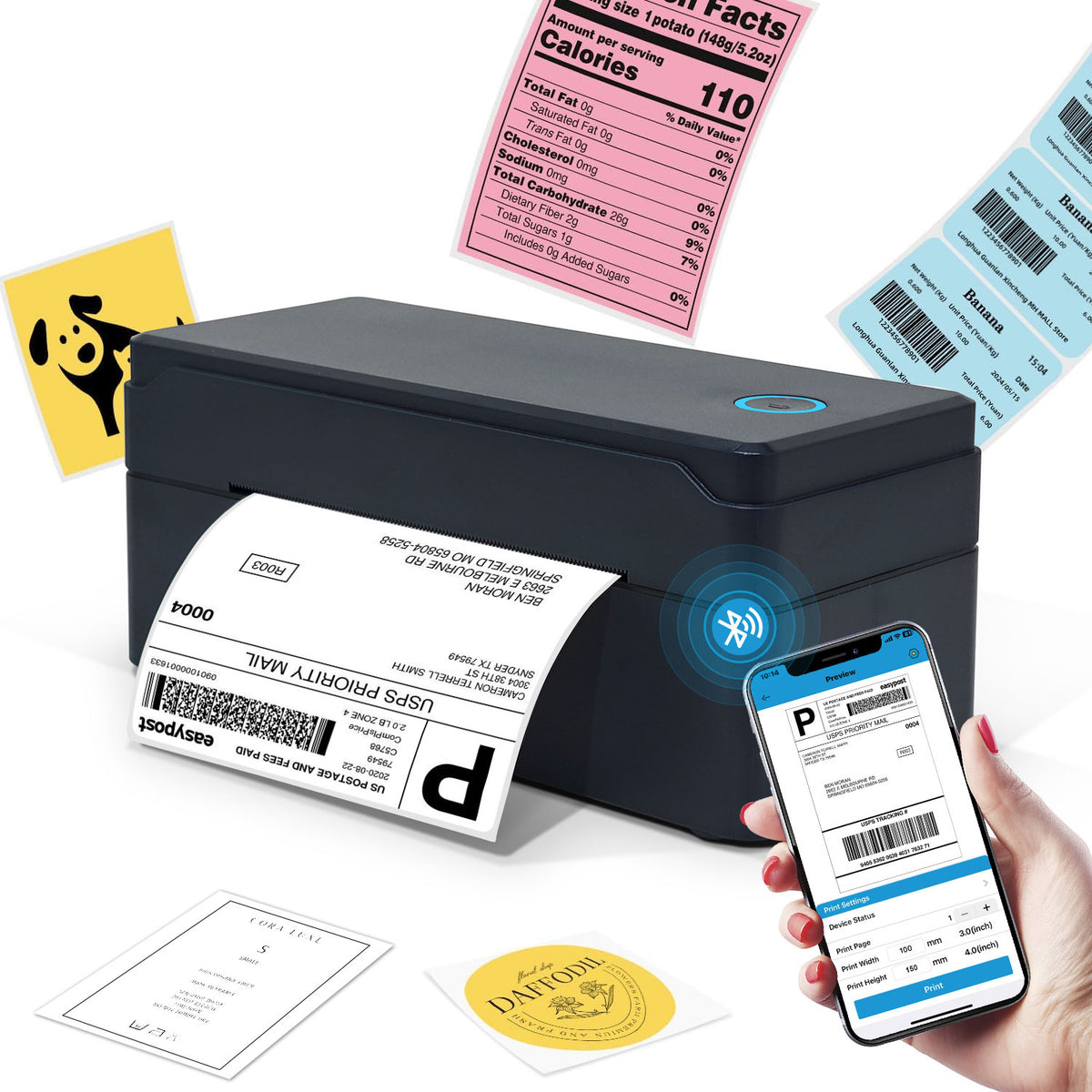 NPRINT  USB + Bluetooth Thermal Label Printer using COMPUTER as well as Mobile Phone Using App which can print 4×6,3x5,2x1,4x4 Adjustable Size 203 DPI,Compatible windows and mac for Shipping Barcode Label Ecommerce 1 Yr Warranty